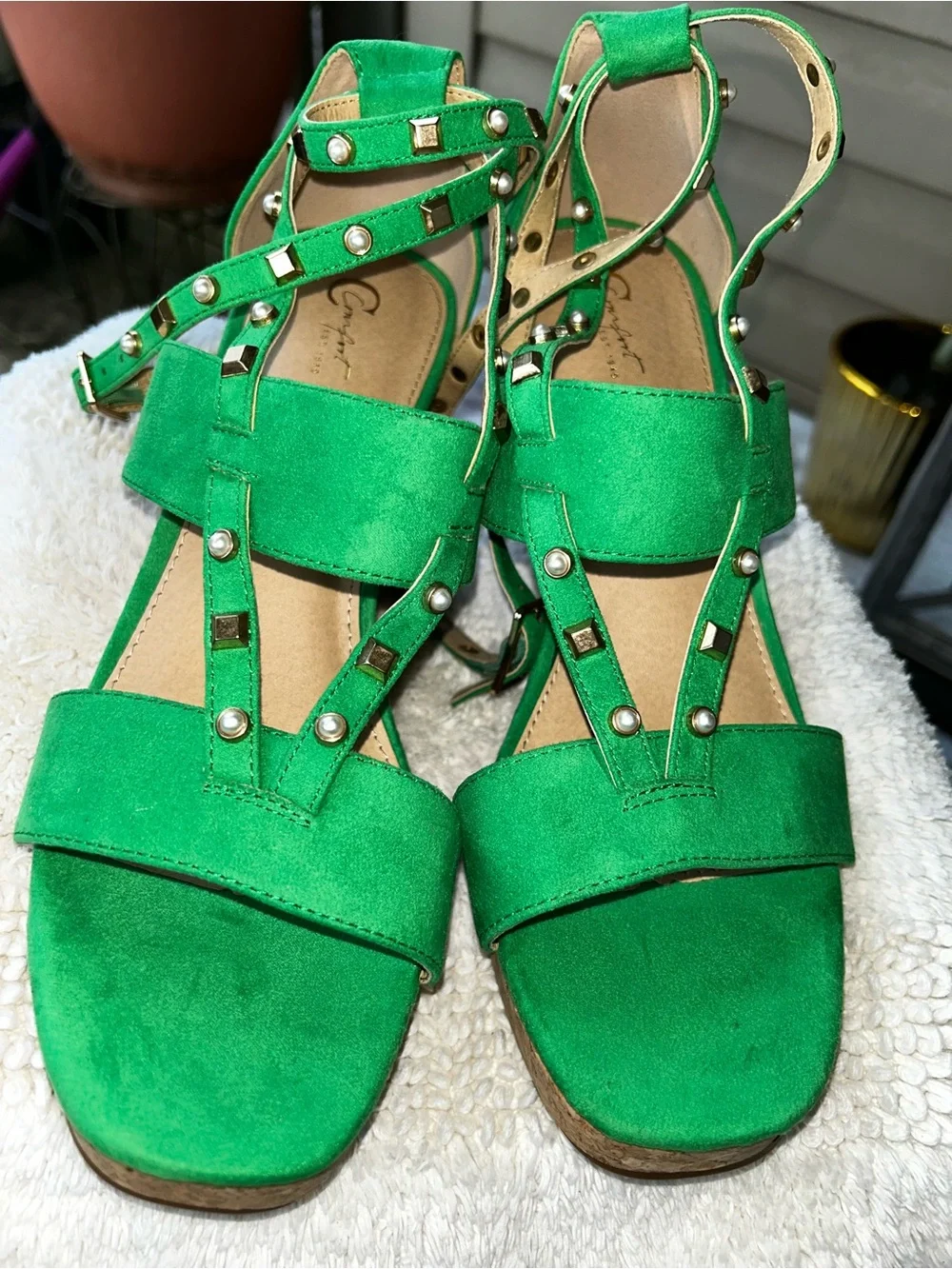 Studded Green Suede Cork Wedge Sandals - Women